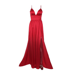 Deep V Neck Spaghetti Strap Backless 2 High Split Satin Maxi Cocktail Party