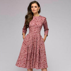 Vintage pleated tunic print dress women Elegant ladies A line dresses Long sleeve