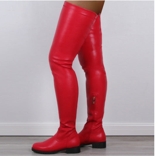 Women Shoes Black Thigh High Boots Autumn Pu Leather Low Heel