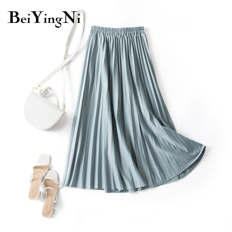 Pleated Midi Skirt Elastic High Waist Sweet Casual Summer Slim