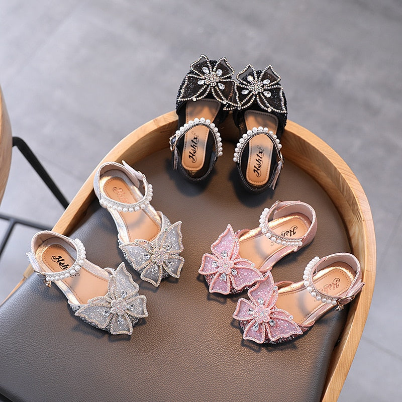 Summer Girls Sandals Fashion Sequins Rhinestone Bow Girls Princess Shoes