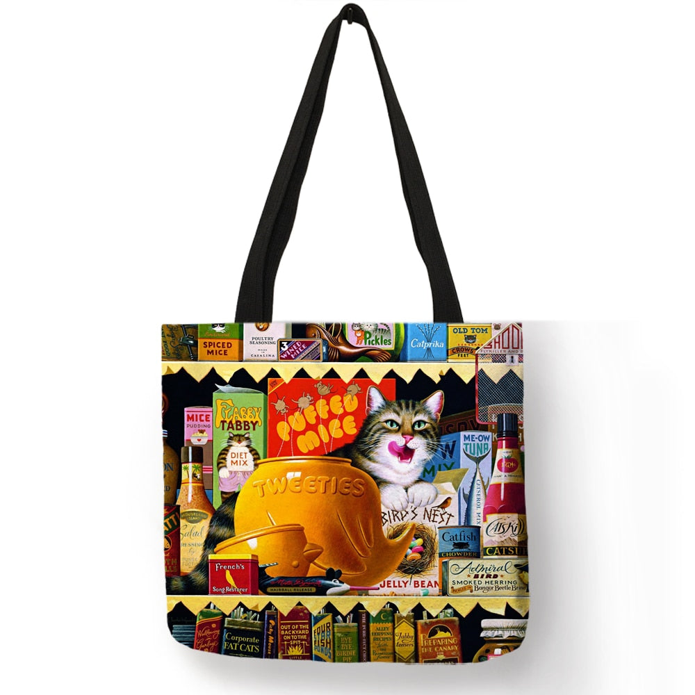 Customize Oil Painting Cat Print Womens Designer Tote Bags Linen