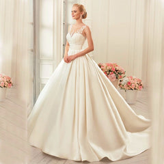 Backless Satin Wedding Dresses Chapel Train Bridal Gowns Ivory