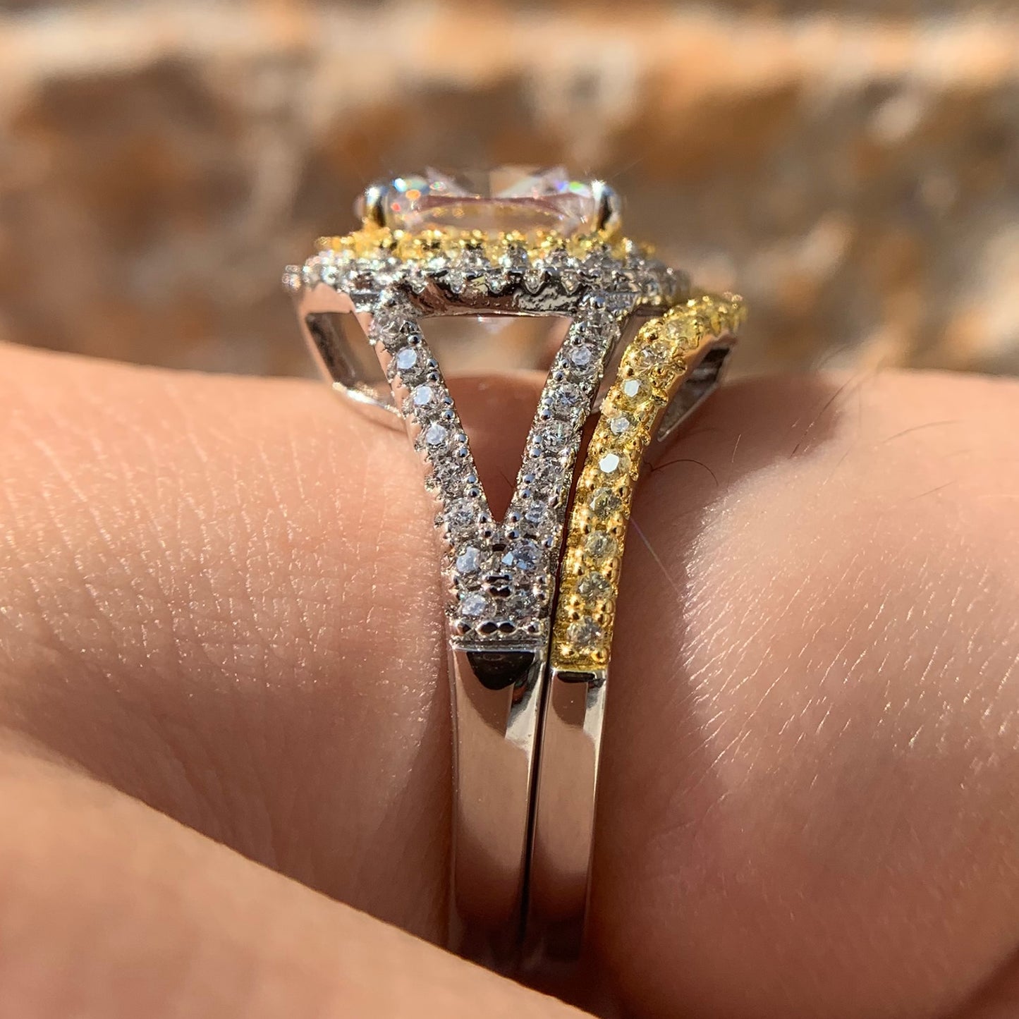 925 Silver Jewelry Halo Yellow Gold Color Engagement Ring Wedding Band