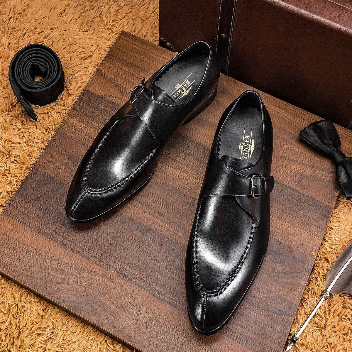 Fashion Monk Shoes Sale Breathable Cow Genuine Leather Pointed Toe Buckle Strap Men Dress Shoes