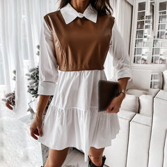 Casual Long Sleeve Mini Shirt Dress For Women White Spring PU Leather