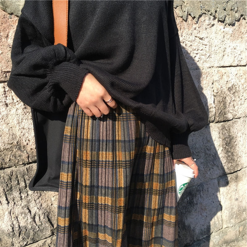 Woolen Winter Plus Size 3XL pleated plaid skirts Women Warm Vintage Long skirts