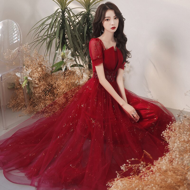 Homecoming Dresses: Burgundy Ball Gown Elegant Beaded Long Party Dress