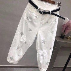 Spring Autumn Korea Fashion Women White Jeans High Waist Vintage Hole