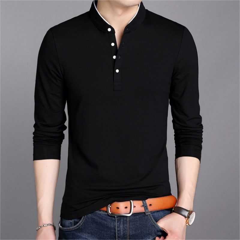 Spring Men Long Sleeve T Shirts Half Buttons Stand Collar Cotton