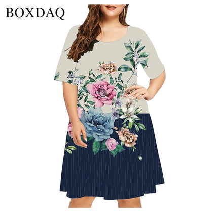 Summer 3D Flower Print Bohemian Dress Women Short Sleeve Mini Dress