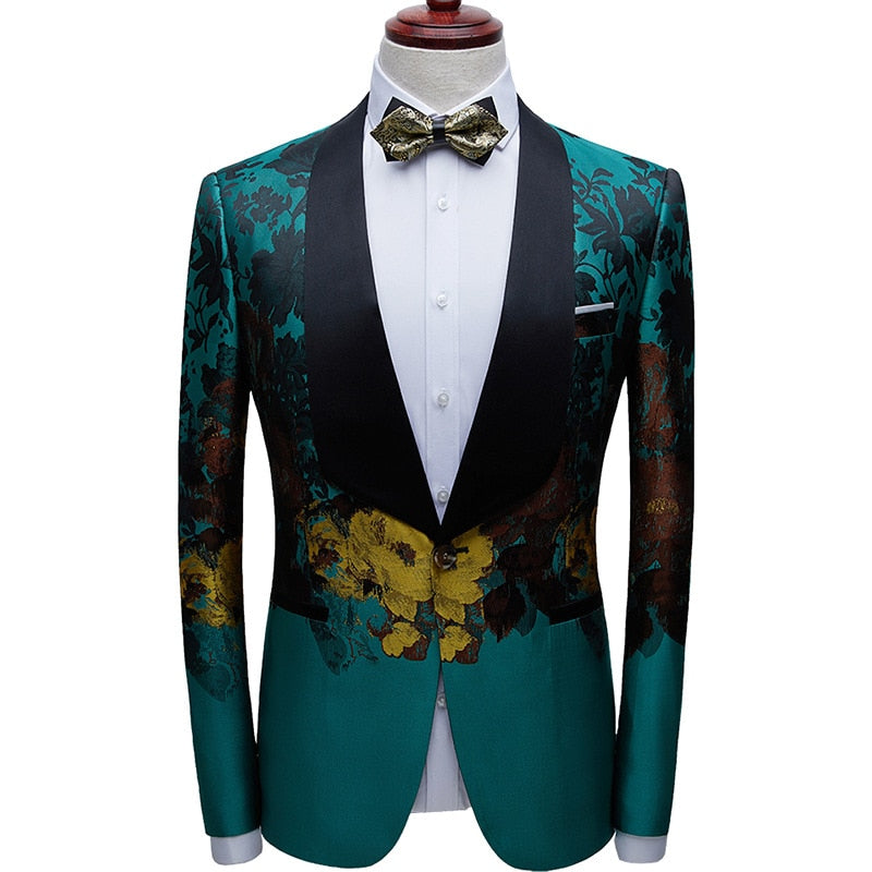 Men Luxury Floral Print Green Dress Blazers One Button Shawl Lapel Men