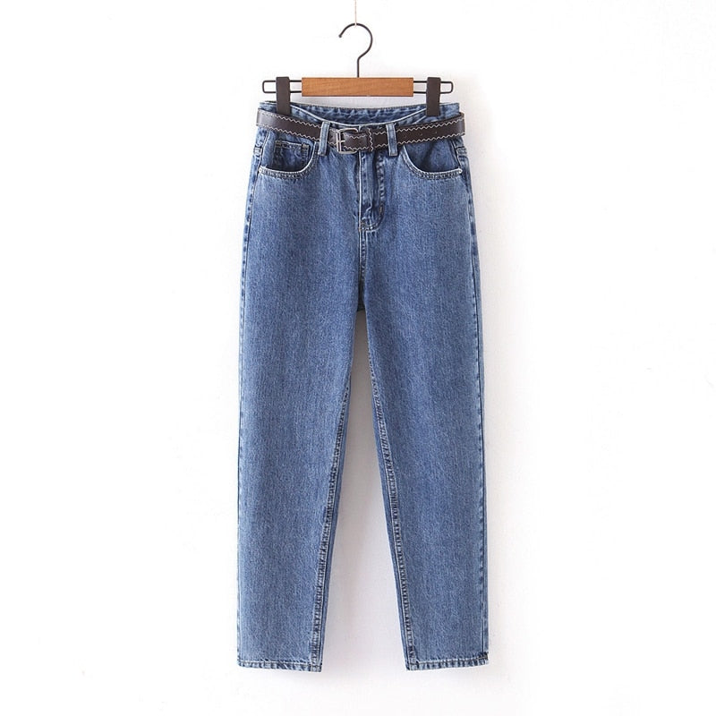 Tangada 2021 fashion women mom jeans pants with belt long trousers strethy waist pockets zipper female pants HY41