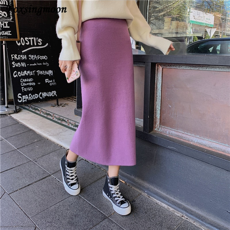 High Elastic Waist Women Long Skirt Knitted Pencil Skirt Wool Autumn Split Skirts
