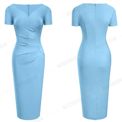 Nice-forever Summer Women Elegant Pure Color Office Dresses Formal Business