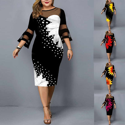 Plus Size Dress Women Evening Party Midi Elegant Mesh Lace Print Floral