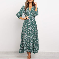 Women Chiffon Long Dress Floral Print Lantern Sleeve A-line Maxi