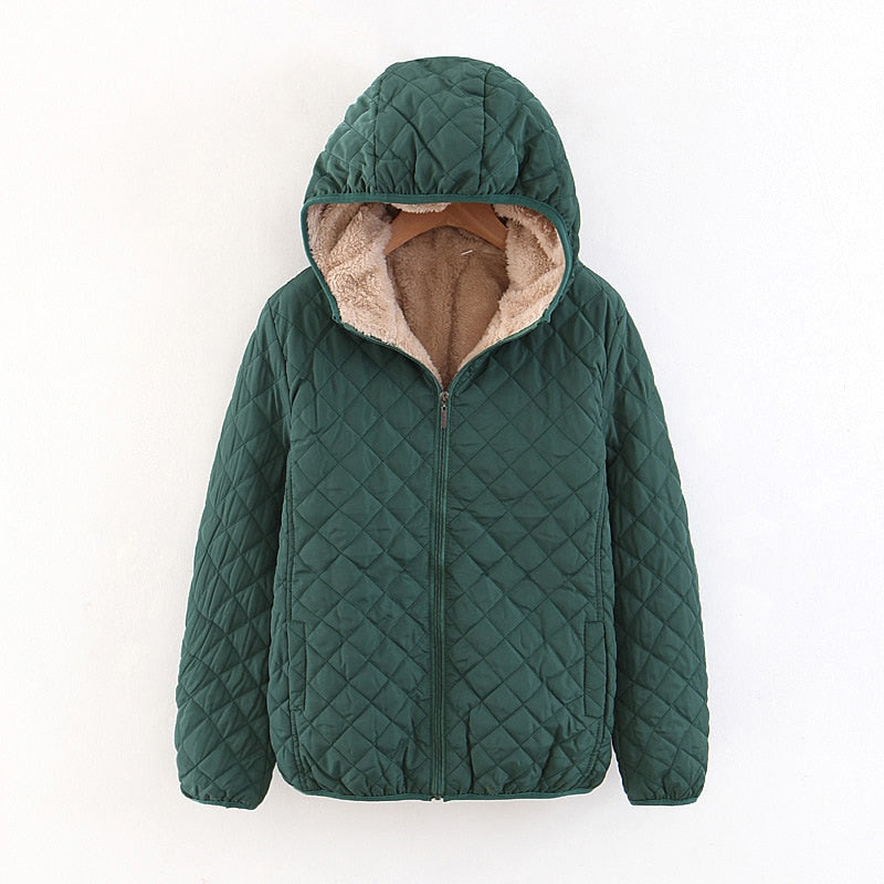 Women Autumn Winter Parkas Coat Jackets Female Lamb Hooded Plaid