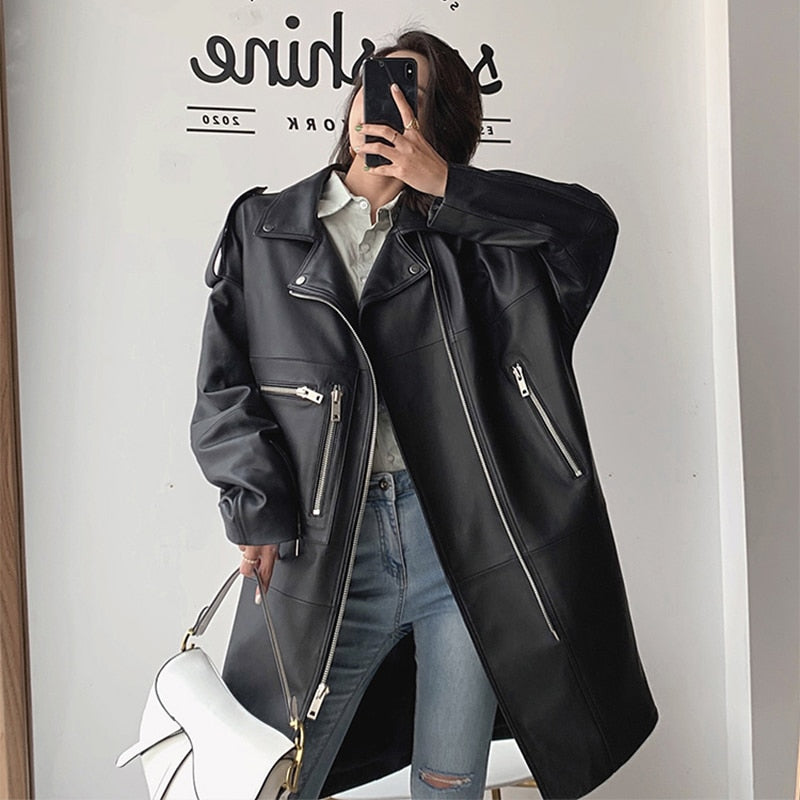 Autumn Oversized Black Long Womens Leather Jacket
