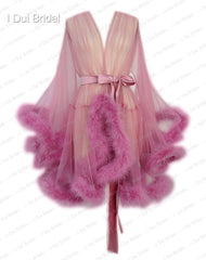 Short Feather Robe Marabou Edging Dressing Gown Bridal Boudoir Sheer