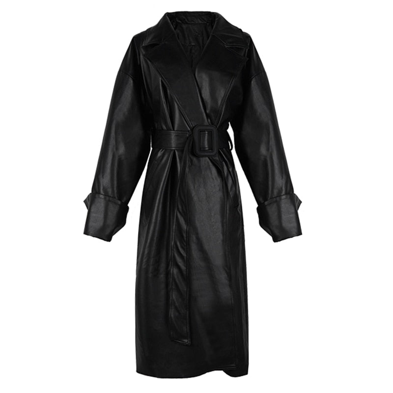 Long oversized leather trench coat for women long sleeve lapel loose fit