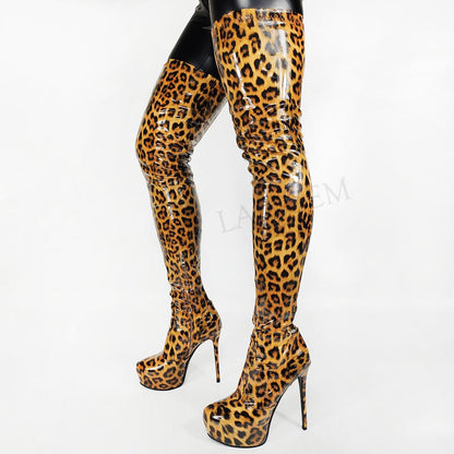 Women Crotch High Platform Boots Shiny Patent Side Zip Stiletto Heels