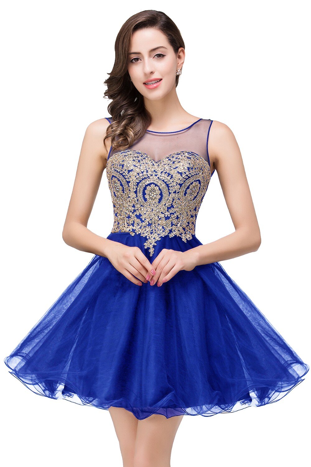 Homecoming Dresses: Champagne Tulle Short Prom Dresses Sweetheart Neck Sleeveless
