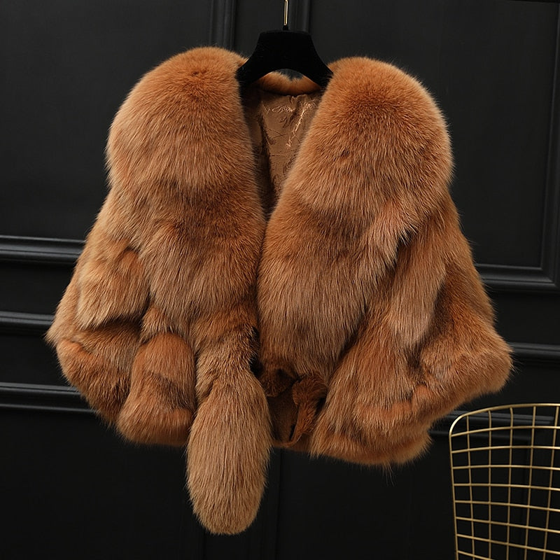 Winter Cloak Warm  Women Cardigan big real Fox Fur Collar Cape Fashion Solid