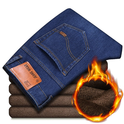 Classic Men'S Regular Fit Fleece Jeans Business Fashion Loose Casual