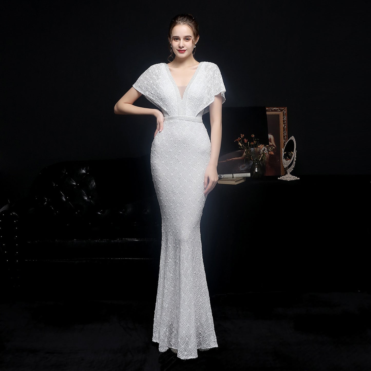 Evening wear Dresses: Elegant Gold Sequin Dress for Women Evening Dress with Beads