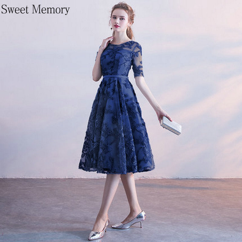 Homecoming Dresses: Navy Blue Silver Gray Pink Short Prom Dresses Appliques Lace