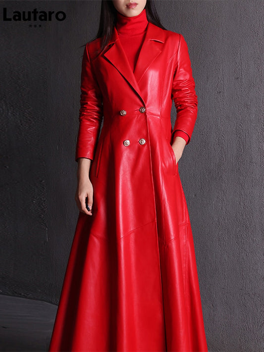 Autumn Long Skirted Red Black Faux Leather Trench Coat for Women
