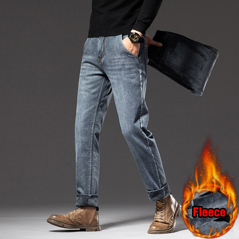 Men Fleece Warm Jeans Classic Style Business Casual Regular Fit Thicken Stretch