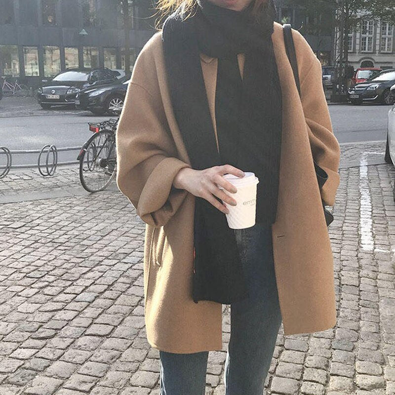 Autumn Women Faux Wool Coat Long Sleeve Single Breasted Fashion