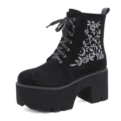 Fashion Flower Platform Boots Chunky Punk Leather Womens