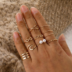 Women Twist Pearl Pearl Rings Set Fashion Geometric Hollow Crystal Ring