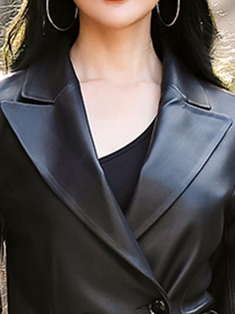 Spring Black Waterproof Leather Trench Coat for Women