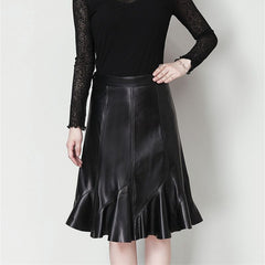 Genuine Leather Skirts Women High Waist Black Real Ruffle Design Office