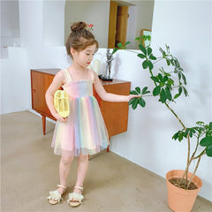 Girls Dress Rainbow Crumpled Mesh Suspender Princess Party Dress