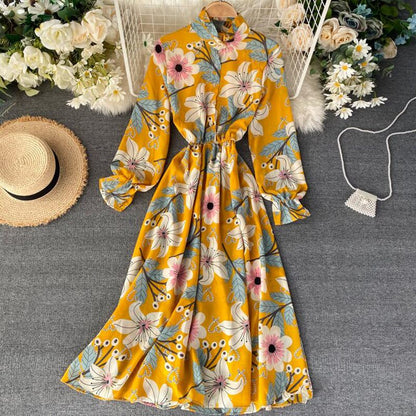 Vintage Floral Print Stand collar Chiffon Dress Spring Summer Midi Long Party