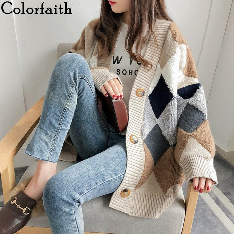 Colorfaith Women's Sweaters Winter Spring Plaid V-Neck Cardigans Button
