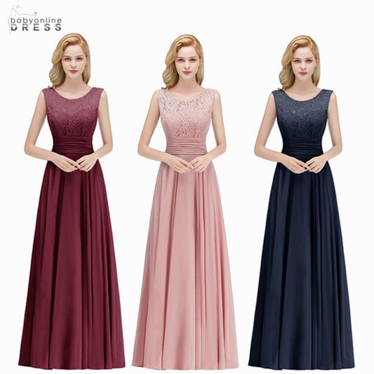 Homecoming Dresses: Dusty Pink Lace Long Bridesmaid Dresses Stretchy A Line