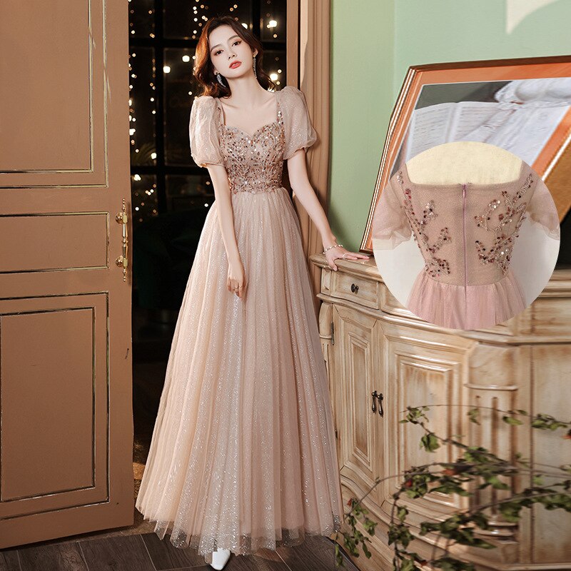 Evening wear Dresses: Women Prom Dress Puff Sleeve Beading Sequins Tulle