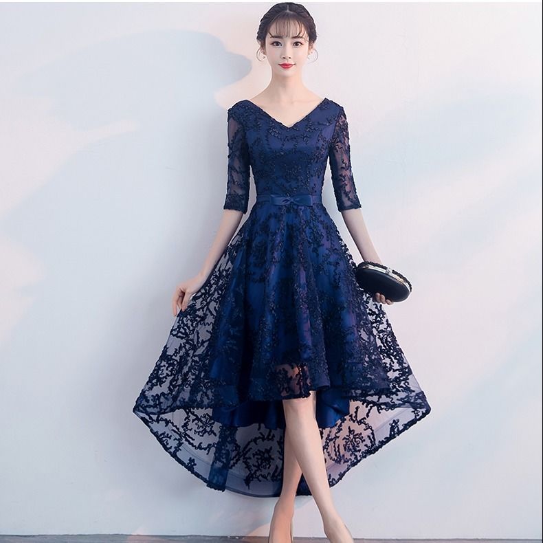 Homecoming Dresses: Navy Blue Silver Gray Champagne High Low Prom Dresses