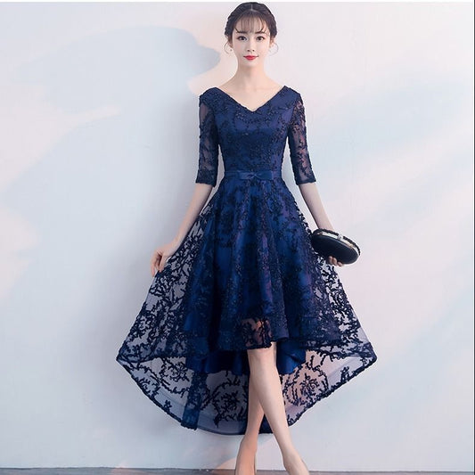 Homecoming Dresses: Navy Blue Silver Gray Champagne High Low Prom Dresses