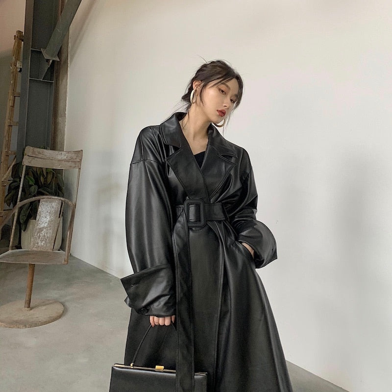 Long oversized leather trench coat for women long sleeve lapel loose fit