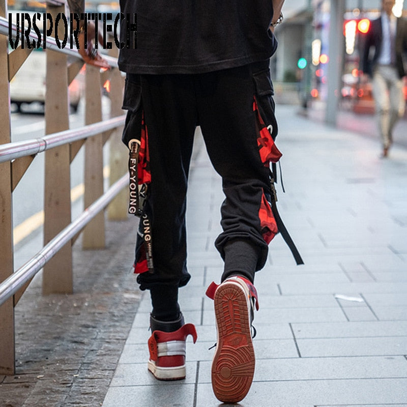 Hip Hop Joggers Men Letter Ribbons Cargo Pants Pockets Track Tactical Casual