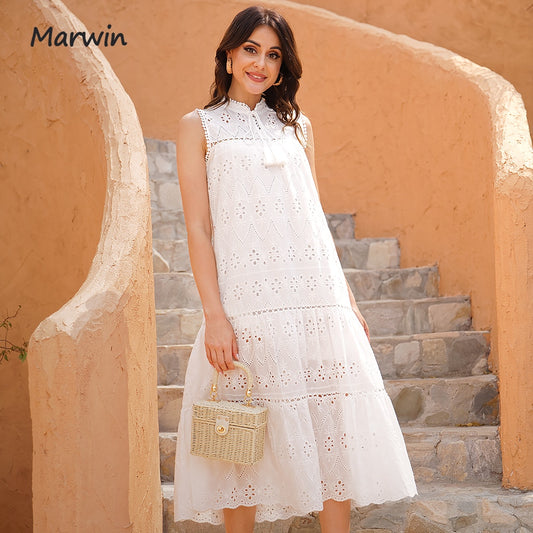 Long Simple Casual Solid Hollow Out Pure Cotton Holiday Style High Waist Fashion Mid-Calf Summer Dresses