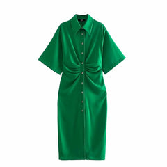Midi Shirt Dress Vintage Short Sleeve Side Zipper Female Dresses Vestidos