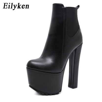 High Heels Ankle Women Boots Black PU Leather Round Toe Zipper Female Shoes